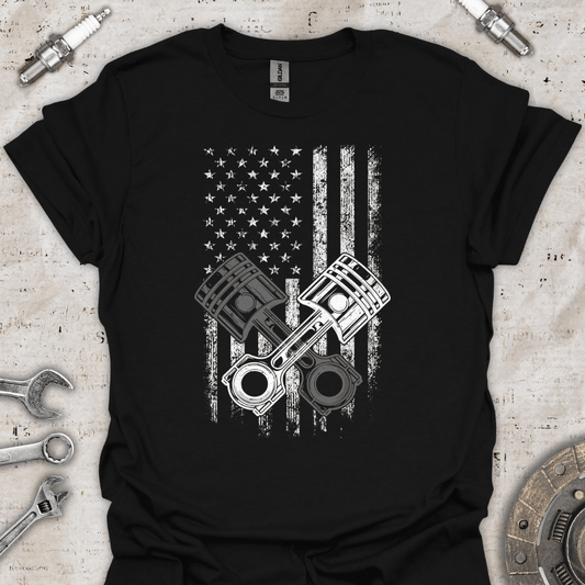 USA Flag Crossed Pistons T-Shirt - Car Threads