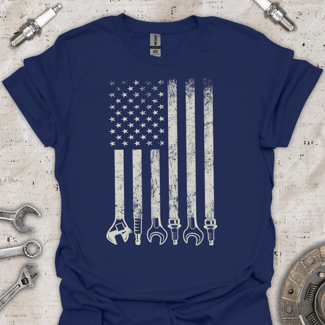 USA flag mechanic tools T-Shirt - Car Threads